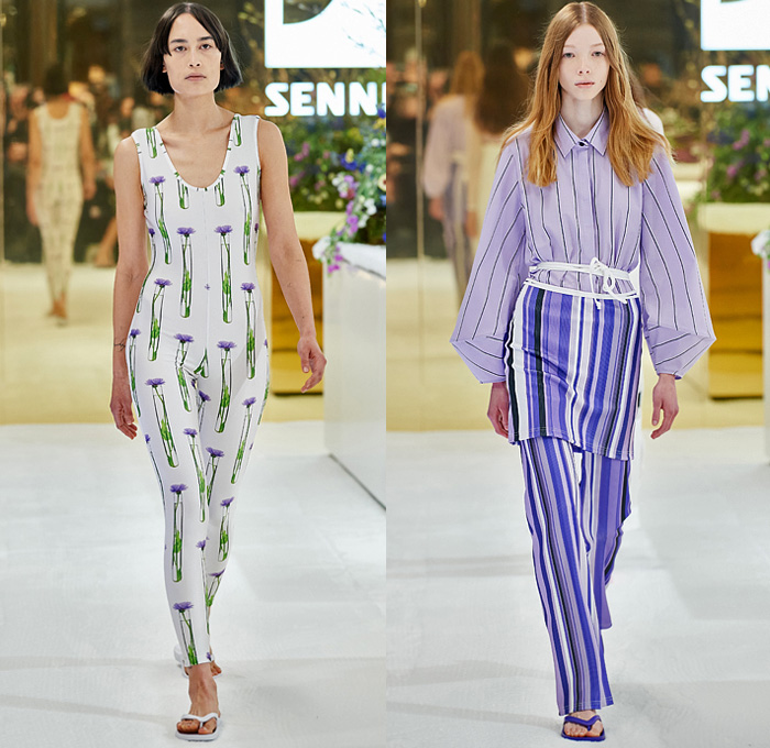 Karla Špetić 2022 Resort Cruise Pre-Spring Womens Runway Catwalk Looks - Afterpay Australian Fashion Week Carriageworks Sydney - Laboratory Bib Apron Lab Dress Sheer Tulle Long Sleeve Blouse Strings Flowers Floral Plants Print Patches Test Tubes Lantern Sleeves Knit Weave Lace Embroidery Ruffles Cutout Waist Shirtdress Unitard Onesie Jumpsuit Stripes Blazer Thongs Slippers