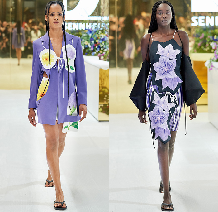 Karla Špetić 2022 Resort Cruise Pre-Spring Womens Runway Catwalk Looks - Afterpay Australian Fashion Week Carriageworks Sydney - Laboratory Bib Apron Lab Dress Sheer Tulle Long Sleeve Blouse Strings Flowers Floral Plants Print Patches Test Tubes Lantern Sleeves Knit Weave Lace Embroidery Ruffles Cutout Waist Shirtdress Unitard Onesie Jumpsuit Stripes Blazer Thongs Slippers