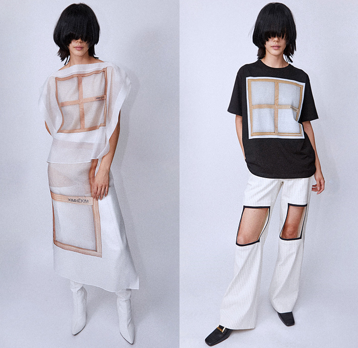 Kimhekim 2022 Spring Summer Womens Lookbook Presentation - Mode à Paris Fashion Week France - Obsession N.2 Women In Canvas - Windows Windowpane Noodle Strap Blouse Crop Top Midriff Bralette Bikini Top Dress Onesie Leotard Romper Strapless High Poufy Shoulders Wrap Blanket Shirt Geometric Rectangular Holes Pinstripe Miniskirt Shirtdress Draped Deconstructed Blazer Jacket Coat Peplum Bandeau Pencil Skirt Shift Dress Sheer Tulle Cycling Bike Shorts Denim Jeans Flare Bell Bottom Boots