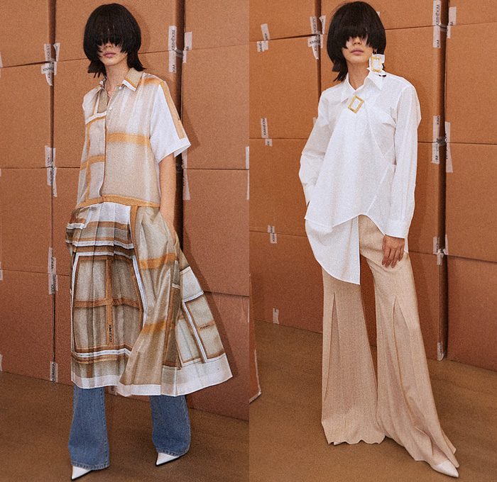 Kimhekim 2022 Spring Summer Womens Lookbook Presentation - Mode à Paris Fashion Week France - Obsession N.2 Women In Canvas - Windows Windowpane Noodle Strap Blouse Crop Top Midriff Bralette Bikini Top Dress Onesie Leotard Romper Strapless High Poufy Shoulders Wrap Blanket Shirt Geometric Rectangular Holes Pinstripe Miniskirt Shirtdress Draped Deconstructed Blazer Jacket Coat Peplum Bandeau Pencil Skirt Shift Dress Sheer Tulle Cycling Bike Shorts Denim Jeans Flare Bell Bottom Boots