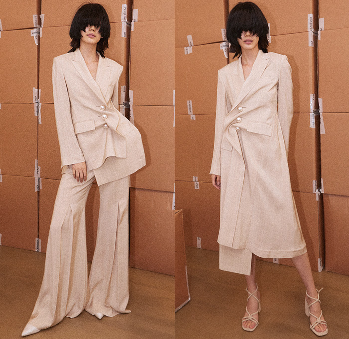 Kimhekim 2022 Spring Summer Womens Lookbook Presentation - Mode à Paris Fashion Week France - Obsession N.2 Women In Canvas - Windows Windowpane Noodle Strap Blouse Crop Top Midriff Bralette Bikini Top Dress Onesie Leotard Romper Strapless High Poufy Shoulders Wrap Blanket Shirt Geometric Rectangular Holes Pinstripe Miniskirt Shirtdress Draped Deconstructed Blazer Jacket Coat Peplum Bandeau Pencil Skirt Shift Dress Sheer Tulle Cycling Bike Shorts Denim Jeans Flare Bell Bottom Boots