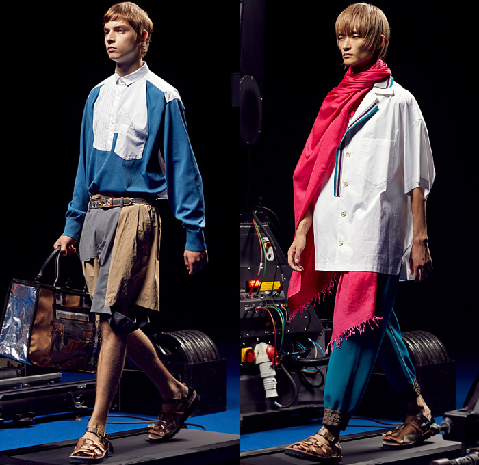 Kolor by Junichi Abe 2022 Spring Summer Mens Runway Looks - Paris Fashion Week Homme Mode Masculine Printemps Eté - Deconstructed Hybrid Patchwork Frankenstein Zigzag Stitching Mixed Fabrics Mash Up Shirt-Sweater Shirt-Coat Bib Metallic Patches Knit Cardigan Denim Jeans Trucker Bomber Jacket Anorak Plaid Check Mesh Asymmetrical Blazer Drawstring Shorts Jogger Sweatpants Tuxedo Stripe Slouchy Pants Sandals Sneakers Scarf