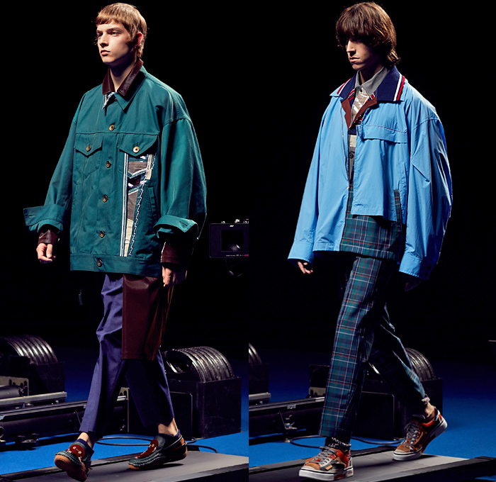 Kolor by Junichi Abe 2022 Spring Summer Mens Runway Looks - Paris Fashion Week Homme Mode Masculine Printemps Eté - Deconstructed Hybrid Patchwork Frankenstein Zigzag Stitching Mixed Fabrics Mash Up Shirt-Sweater Shirt-Coat Bib Metallic Patches Knit Cardigan Denim Jeans Trucker Bomber Jacket Anorak Plaid Check Mesh Asymmetrical Blazer Drawstring Shorts Jogger Sweatpants Tuxedo Stripe Slouchy Pants Sandals Sneakers Scarf