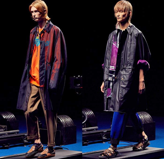 Kolor by Junichi Abe 2022 Spring Summer Mens Runway Looks - Paris Fashion Week Homme Mode Masculine Printemps Eté - Deconstructed Hybrid Patchwork Frankenstein Zigzag Stitching Mixed Fabrics Mash Up Shirt-Sweater Shirt-Coat Bib Metallic Patches Knit Cardigan Denim Jeans Trucker Bomber Jacket Anorak Plaid Check Mesh Asymmetrical Blazer Drawstring Shorts Jogger Sweatpants Tuxedo Stripe Slouchy Pants Sandals Sneakers Scarf