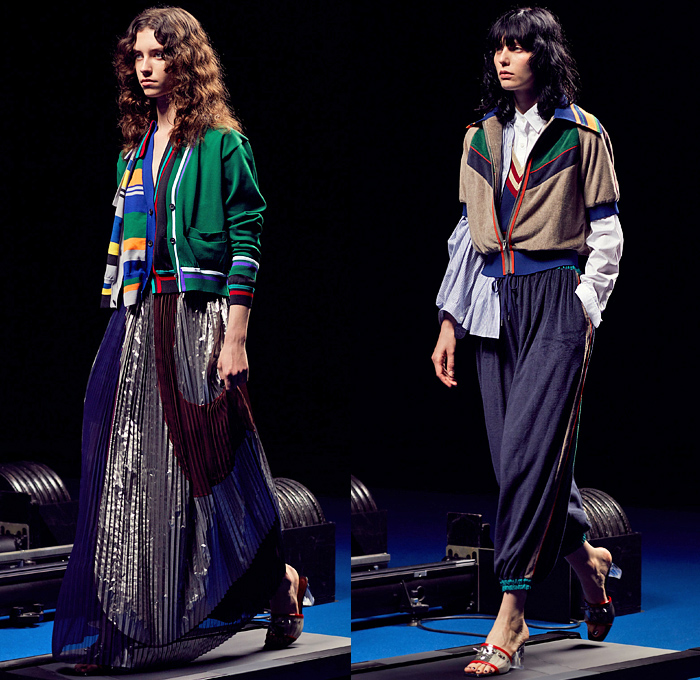 Kolor by Junichi Abe 2022 Spring Summer Womens Runway Looks - Paris Fashion Week Mode Masculine Printemps Eté - Deconstructed Hybrid Patchwork Frankenstein Zigzag Stitching Mixed Fabrics Mash Up Layers Shirt Stripes Knit Cardigan Sweater Accordion Pleats Trackwear Trackpants Jogger Sweatpants Plaid Check Wide Leg Palazzo Pants Mesh Lace Embroidery Vines Leggings Straps Full Skirt Ruffles Sheer Tulle Chiffon Cutout Metallic Oversized Coat Glass Acrylic Heels