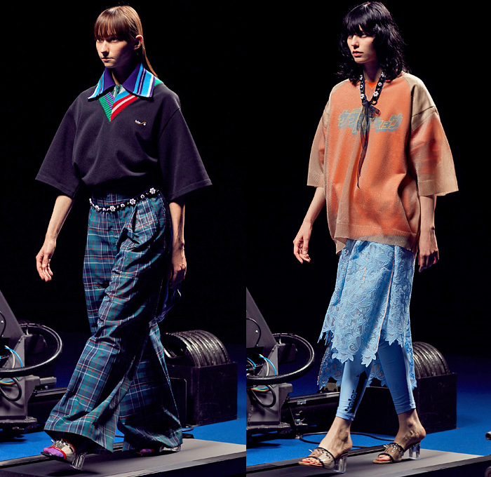 Kolor by Junichi Abe 2022 Spring Summer Womens Runway Looks - Paris Fashion Week Mode Masculine Printemps Eté - Deconstructed Hybrid Patchwork Frankenstein Zigzag Stitching Mixed Fabrics Mash Up Layers Shirt Stripes Knit Cardigan Sweater Accordion Pleats Trackwear Trackpants Jogger Sweatpants Plaid Check Wide Leg Palazzo Pants Mesh Lace Embroidery Vines Leggings Straps Full Skirt Ruffles Sheer Tulle Chiffon Cutout Metallic Oversized Coat Glass Acrylic Heels