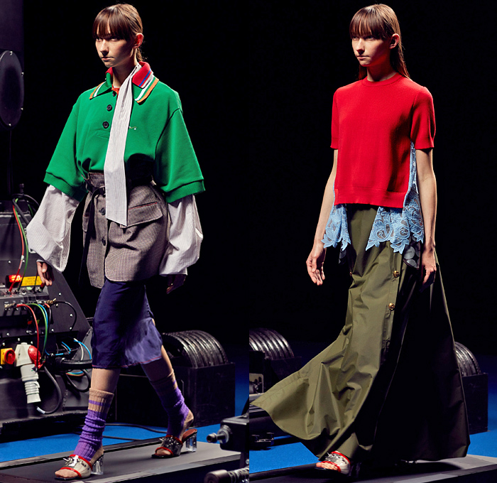 Kolor by Junichi Abe 2022 Spring Summer Womens Runway Looks - Paris Fashion Week Mode Masculine Printemps Eté - Deconstructed Hybrid Patchwork Frankenstein Zigzag Stitching Mixed Fabrics Mash Up Layers Shirt Stripes Knit Cardigan Sweater Accordion Pleats Trackwear Trackpants Jogger Sweatpants Plaid Check Wide Leg Palazzo Pants Mesh Lace Embroidery Vines Leggings Straps Full Skirt Ruffles Sheer Tulle Chiffon Cutout Metallic Oversized Coat Glass Acrylic Heels