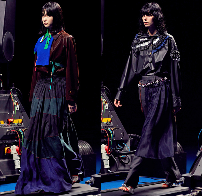 Kolor by Junichi Abe 2022 Spring Summer Womens Runway Looks - Paris Fashion Week Mode Masculine Printemps Eté - Deconstructed Hybrid Patchwork Frankenstein Zigzag Stitching Mixed Fabrics Mash Up Layers Shirt Stripes Knit Cardigan Sweater Accordion Pleats Trackwear Trackpants Jogger Sweatpants Plaid Check Wide Leg Palazzo Pants Mesh Lace Embroidery Vines Leggings Straps Full Skirt Ruffles Sheer Tulle Chiffon Cutout Metallic Oversized Coat Glass Acrylic Heels