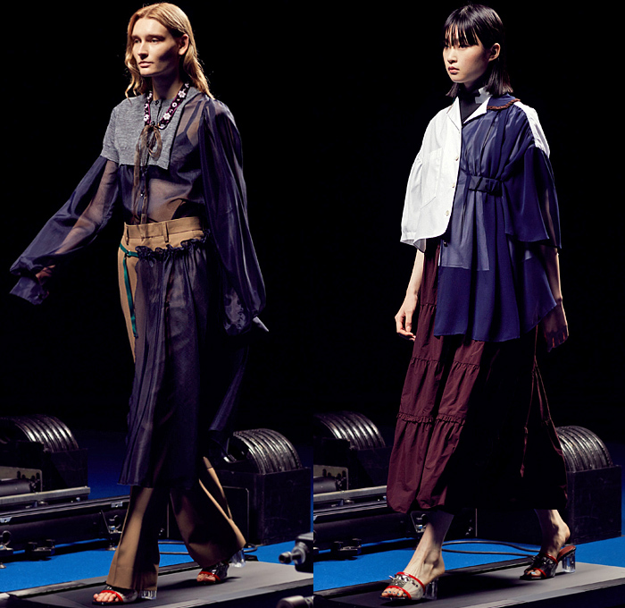 Kolor by Junichi Abe 2022 Spring Summer Womens Runway Looks - Paris Fashion Week Mode Masculine Printemps Eté - Deconstructed Hybrid Patchwork Frankenstein Zigzag Stitching Mixed Fabrics Mash Up Layers Shirt Stripes Knit Cardigan Sweater Accordion Pleats Trackwear Trackpants Jogger Sweatpants Plaid Check Wide Leg Palazzo Pants Mesh Lace Embroidery Vines Leggings Straps Full Skirt Ruffles Sheer Tulle Chiffon Cutout Metallic Oversized Coat Glass Acrylic Heels