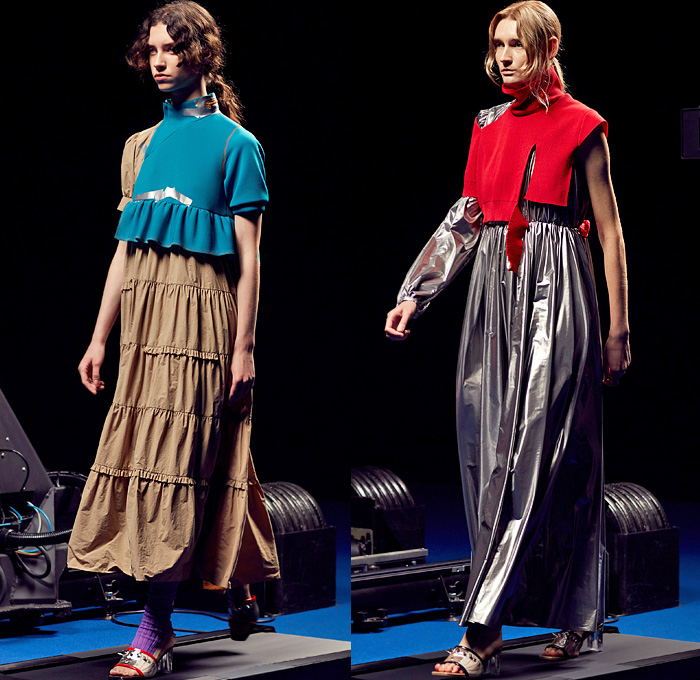 Kolor by Junichi Abe 2022 Spring Summer Womens Runway Looks - Paris Fashion Week Mode Masculine Printemps Eté - Deconstructed Hybrid Patchwork Frankenstein Zigzag Stitching Mixed Fabrics Mash Up Layers Shirt Stripes Knit Cardigan Sweater Accordion Pleats Trackwear Trackpants Jogger Sweatpants Plaid Check Wide Leg Palazzo Pants Mesh Lace Embroidery Vines Leggings Straps Full Skirt Ruffles Sheer Tulle Chiffon Cutout Metallic Oversized Coat Glass Acrylic Heels