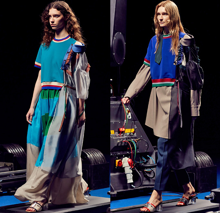 Kolor by Junichi Abe 2022 Spring Summer Womens Runway Looks - Paris Fashion Week Mode Masculine Printemps Eté - Deconstructed Hybrid Patchwork Frankenstein Zigzag Stitching Mixed Fabrics Mash Up Layers Shirt Stripes Knit Cardigan Sweater Accordion Pleats Trackwear Trackpants Jogger Sweatpants Plaid Check Wide Leg Palazzo Pants Mesh Lace Embroidery Vines Leggings Straps Full Skirt Ruffles Sheer Tulle Chiffon Cutout Metallic Oversized Coat Glass Acrylic Heels