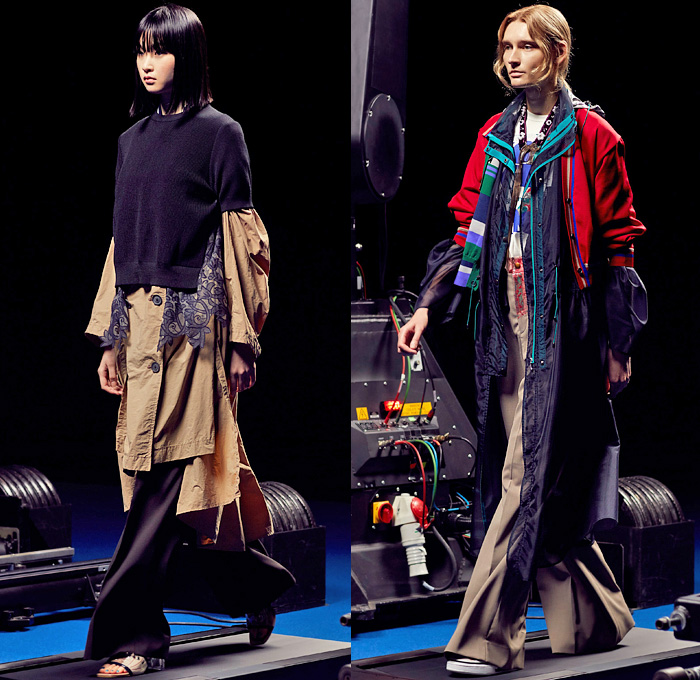 Kolor by Junichi Abe 2022 Spring Summer Womens Runway Looks - Paris Fashion Week Mode Masculine Printemps Eté - Deconstructed Hybrid Patchwork Frankenstein Zigzag Stitching Mixed Fabrics Mash Up Layers Shirt Stripes Knit Cardigan Sweater Accordion Pleats Trackwear Trackpants Jogger Sweatpants Plaid Check Wide Leg Palazzo Pants Mesh Lace Embroidery Vines Leggings Straps Full Skirt Ruffles Sheer Tulle Chiffon Cutout Metallic Oversized Coat Glass Acrylic Heels