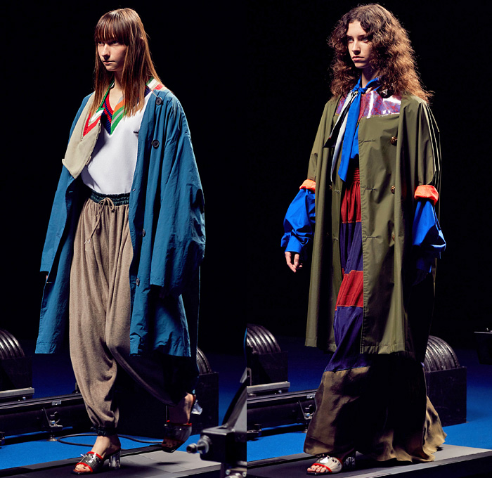 Kolor by Junichi Abe 2022 Spring Summer Womens Runway Looks - Paris Fashion Week Mode Masculine Printemps Eté - Deconstructed Hybrid Patchwork Frankenstein Zigzag Stitching Mixed Fabrics Mash Up Layers Shirt Stripes Knit Cardigan Sweater Accordion Pleats Trackwear Trackpants Jogger Sweatpants Plaid Check Wide Leg Palazzo Pants Mesh Lace Embroidery Vines Leggings Straps Full Skirt Ruffles Sheer Tulle Chiffon Cutout Metallic Oversized Coat Glass Acrylic Heels