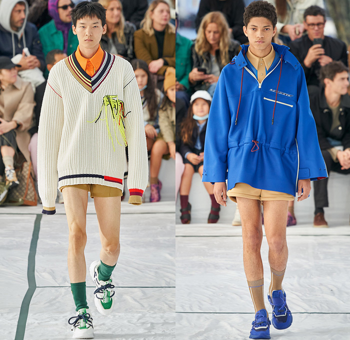 Lacoste 2022 Spring Summer Mens Runway Looks Collection - Mode à Paris Fashion Week France - Sporty Casual Athleisure Sleeveless Tank Top Straps Belts Cords Tied Knot Mesh Neoprene Tennis Shirt Knit Sweater Threads Logo Frayed Raw Hem Stripes Logo Patchwork Anorak Coat Parka Hoodie Trackwear Track Jacket Shorts Socks Slippers Sliders Trainers Sneakers