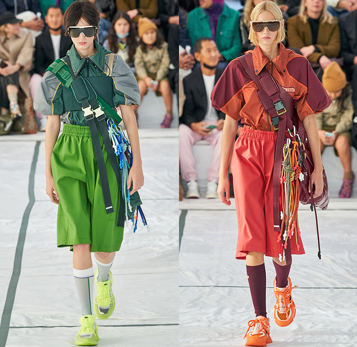 Lacoste 2022 Spring Summer Womens Runway Looks Collection - Mode à Paris Fashion Week France - Sporty Casual Athleisure Sunglasses Visor Hat Rainwear Coat Parka Anorak Knit Oversized Sweater Translucent Pockets Straps Belts Cords Tied Carabiner Mesh Track Jacket Shorts Culottes Cargo Pants Vest Logo Crop Top Midriff Neoprene Tennis Shirt Threads Frayed Raw Hem Patchwork Miniskirt Skirt Hotpants Socks Sneakers Sandals Handbag Bag Tote