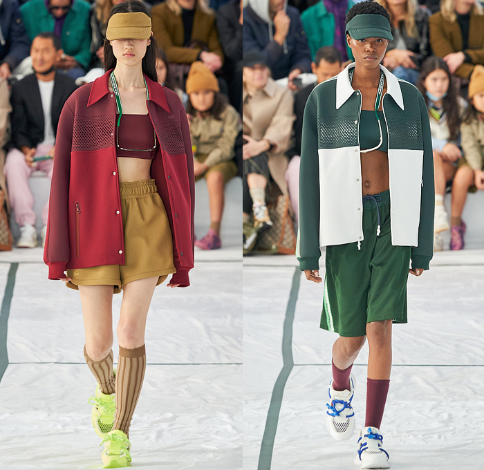 Lacoste 2022 Spring Summer Womens Runway Looks Collection - Mode à Paris Fashion Week France - Sporty Casual Athleisure Sunglasses Visor Hat Rainwear Coat Parka Anorak Knit Oversized Sweater Translucent Pockets Straps Belts Cords Tied Carabiner Mesh Track Jacket Shorts Culottes Cargo Pants Vest Logo Crop Top Midriff Neoprene Tennis Shirt Threads Frayed Raw Hem Patchwork Miniskirt Skirt Hotpants Socks Sneakers Sandals Handbag Bag Tote