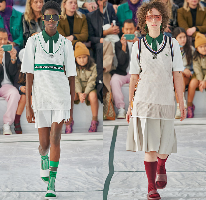 Lacoste 2022 Spring Summer Womens Runway Looks Collection - Mode à Paris Fashion Week France - Sporty Casual Athleisure Sunglasses Visor Hat Rainwear Coat Parka Anorak Knit Oversized Sweater Translucent Pockets Straps Belts Cords Tied Carabiner Mesh Track Jacket Shorts Culottes Cargo Pants Vest Logo Crop Top Midriff Neoprene Tennis Shirt Threads Frayed Raw Hem Patchwork Miniskirt Skirt Hotpants Socks Sneakers Sandals Handbag Bag Tote