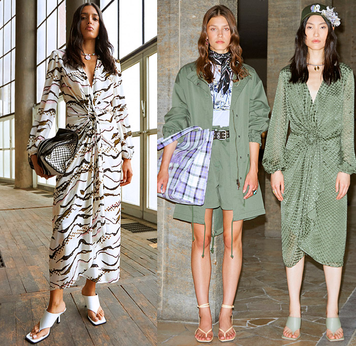 Lala Berlin 2022 Spring Summer Womens Lookbook Presentation - Copenhagen Fashion Week Denmark CPHFW København - Imagine Dreaming Tiger Stripes Stains Vest Blouse Scarf Pantsuit Blazer Decorative Art Tribal Fringes Prairie Dress Gown Flowers Floral Tied Knot Safari Coat Plaid Check Tartan Mesh Bomber Marching Band Jacket Quilted Puffer Noodle Strap Ruffles Kimono Robe Wide Leg Pants Pockets Jogger Sweatpants Shorts Draped Miniskirt Wide Brim Hat Handbag Tote Cap Kitten Heels Clogs