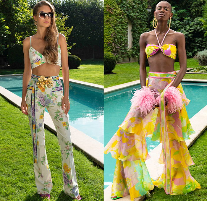 Leonard Paris 2022 Spring Summer Womens Lookbook Presentation - Mode à Paris Fashion Week France - Colorful Oversized Flowers Floral Crop Top Midriff Bralette Noodle Strap Swimwear Bikini Halterneck Feathers Wide Leg Flare Tiered Sheer Organza Loungewear Scarf Pantsuit Blazer Jacket Logo Lace Embroidery Prairie Damsel Dress Gown Ruffles Cutout Waist Ring Loop Draped Strapless One Shoulder Cape Blouse Miniskirt Medallion Mesh Poufy Shoulders Tote Handbag Bag Gladiators Kitten Heels