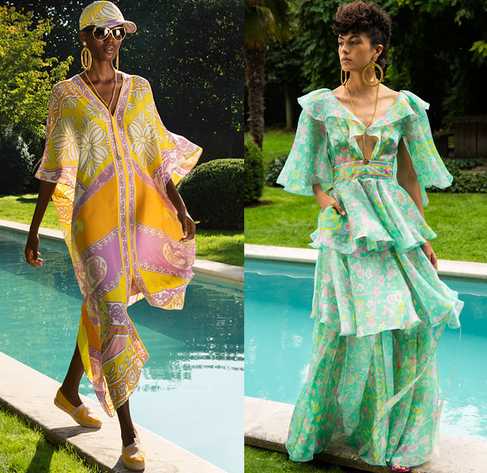 Leonard Paris 2022 Spring Summer Womens Lookbook Presentation - Mode à Paris Fashion Week France - Colorful Oversized Flowers Floral Crop Top Midriff Bralette Noodle Strap Swimwear Bikini Halterneck Feathers Wide Leg Flare Tiered Sheer Organza Loungewear Scarf Pantsuit Blazer Jacket Logo Lace Embroidery Prairie Damsel Dress Gown Ruffles Cutout Waist Ring Loop Draped Strapless One Shoulder Cape Blouse Miniskirt Medallion Mesh Poufy Shoulders Tote Handbag Bag Gladiators Kitten Heels