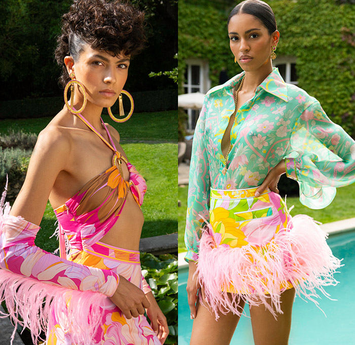 Leonard Paris 2022 Spring Summer Womens Lookbook Presentation - Mode à Paris Fashion Week France - Colorful Oversized Flowers Floral Crop Top Midriff Bralette Noodle Strap Swimwear Bikini Halterneck Feathers Wide Leg Flare Tiered Sheer Organza Loungewear Scarf Pantsuit Blazer Jacket Logo Lace Embroidery Prairie Damsel Dress Gown Ruffles Cutout Waist Ring Loop Draped Strapless One Shoulder Cape Blouse Miniskirt Medallion Mesh Poufy Shoulders Tote Handbag Bag Gladiators Kitten Heels