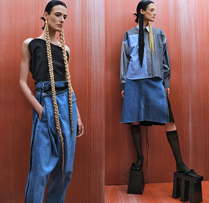 Litkovskaya 2022 Spring Summer Womens Lookbook Presentation - Mode à Paris Fashion Week France - Champ De Coquelicots Poppy Field Strapless Bustier Blazer Jacket Shirt Patchwork Stripes Puff Sleeves Dress Holes Grommets Cutout Mesh Drawstring Cinch One Shoulder Draped Halterneck Military Officer Shirt Fatigues Cargo Pockets Stripes Fringes Raw Hem Frayed Braid Deconstructed Denim Jeans Skirt Slouchy Pants Sheer Stockings Wooden Japanese Clogs Geta Muji 