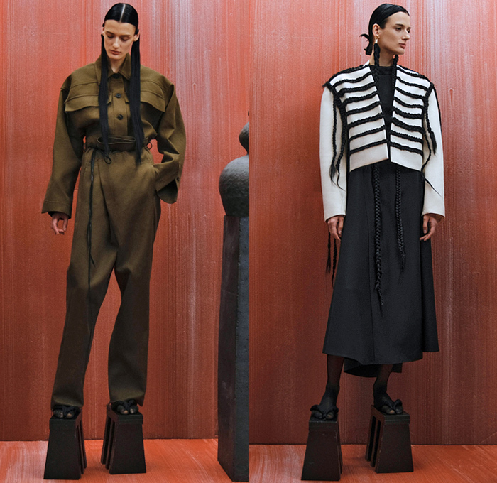 Litkovskaya 2022 Spring Summer Womens Lookbook Presentation - Mode à Paris Fashion Week France - Champ De Coquelicots Poppy Field Strapless Bustier Blazer Jacket Shirt Patchwork Stripes Puff Sleeves Dress Holes Grommets Cutout Mesh Drawstring Cinch One Shoulder Draped Halterneck Military Officer Shirt Fatigues Cargo Pockets Stripes Fringes Raw Hem Frayed Braid Deconstructed Denim Jeans Skirt Slouchy Pants Sheer Stockings Wooden Japanese Clogs Geta Muji 