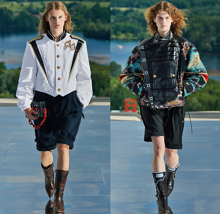 Louis Vuitton 2022 Resort Cruise Pre-Spring Womens Runway Collection - Utopian Space Military Vest Admiral Jacket Check Frayed Fringes Stripes Patchwork Bedazzled Sequins Jewels Leather Tiered Jacquard Fractal Spiral Pockets Shorts Feathers  Miniskirt Leg O'Mutton Shoulders Sheer Geometric Planets Saturn Asteroids Tweed Coat Motorcycle Biker Pants Bell Sleeves Quilted Accordion Pleats Draped Knit Sweater Chain Straps Bralette Crop Top Baseball Cap Shirtdress PVC Vinyl Dress Boots Handbag