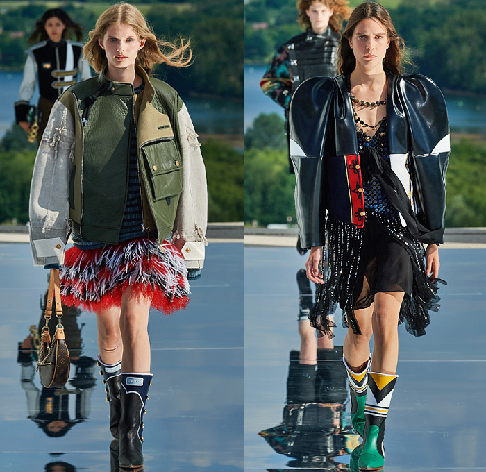 Louis Vuitton 2022 Resort Cruise Pre-Spring Womens Runway Collection - Utopian Space Military Vest Admiral Jacket Check Frayed Fringes Stripes Patchwork Bedazzled Sequins Jewels Leather Tiered Jacquard Fractal Spiral Pockets Shorts Feathers  Miniskirt Leg O'Mutton Shoulders Sheer Geometric Planets Saturn Asteroids Tweed Coat Motorcycle Biker Pants Bell Sleeves Quilted Accordion Pleats Draped Knit Sweater Chain Straps Bralette Crop Top Baseball Cap Shirtdress PVC Vinyl Dress Boots Handbag