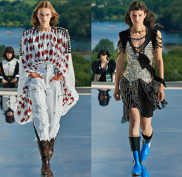 Louis Vuitton 2022 Resort Cruise Pre-Spring Womens Runway Collection - Utopian Space Military Vest Admiral Jacket Check Frayed Fringes Stripes Patchwork Bedazzled Sequins Jewels Leather Tiered Jacquard Fractal Spiral Pockets Shorts Feathers  Miniskirt Leg O'Mutton Shoulders Sheer Geometric Planets Saturn Asteroids Tweed Coat Motorcycle Biker Pants Bell Sleeves Quilted Accordion Pleats Draped Knit Sweater Chain Straps Bralette Crop Top Baseball Cap Shirtdress PVC Vinyl Dress Boots Handbag