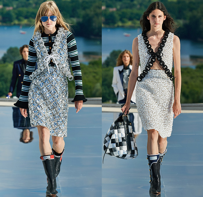 Louis Vuitton 2022 Resort Cruise Pre-Spring Womens Runway Collection - Utopian Space Military Vest Admiral Jacket Check Frayed Fringes Stripes Patchwork Bedazzled Sequins Jewels Leather Tiered Jacquard Fractal Spiral Pockets Shorts Feathers  Miniskirt Leg O'Mutton Shoulders Sheer Geometric Planets Saturn Asteroids Tweed Coat Motorcycle Biker Pants Bell Sleeves Quilted Accordion Pleats Draped Knit Sweater Chain Straps Bralette Crop Top Baseball Cap Shirtdress PVC Vinyl Dress Boots Handbag