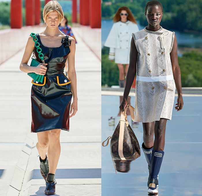 Louis Vuitton 2022 Resort Cruise Pre-Spring Womens Runway Collection - Utopian Space Military Vest Admiral Jacket Check Frayed Fringes Stripes Patchwork Bedazzled Sequins Jewels Leather Tiered Jacquard Fractal Spiral Pockets Shorts Feathers  Miniskirt Leg O'Mutton Shoulders Sheer Geometric Planets Saturn Asteroids Tweed Coat Motorcycle Biker Pants Bell Sleeves Quilted Accordion Pleats Draped Knit Sweater Chain Straps Bralette Crop Top Baseball Cap Shirtdress PVC Vinyl Dress Boots Handbag