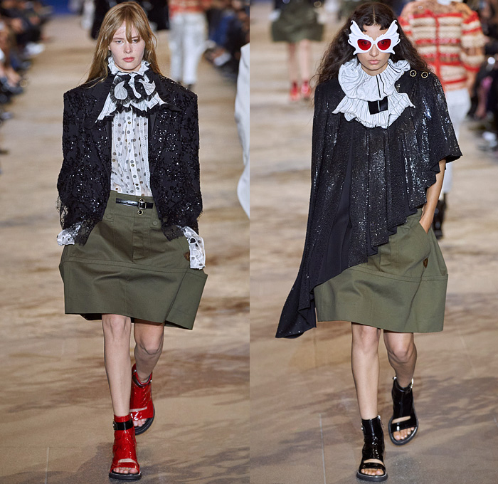 Louis Vuitton 2022 Spring Summer Womens Runway Looks Collection - Mode à Paris Fashion Week France - Mask Vampire Headwear Bedazzled Gems Crystals Sequins Studs Beads Mesh Lace Embroidery Crop Top Midriff Boxy Blazer Jacket Denim Jeans Noodle Strap Ruffles Sheer Tulle Organza Polka Dots Crinoline Skirt Victorian Quilted Puffer Coat Cape Cloak Vest Stripes Jodhpurs Equestrian Pants Cutout Puritan Collar Draped Dress Gown Culottes Open Toe Sandals Handbag Sunglasses