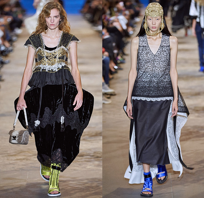 Louis Vuitton 2022 Spring Summer Womens Runway Looks Collection - Mode à Paris Fashion Week France - Mask Vampire Headwear Bedazzled Gems Crystals Sequins Studs Beads Mesh Lace Embroidery Crop Top Midriff Boxy Blazer Jacket Denim Jeans Noodle Strap Ruffles Sheer Tulle Organza Polka Dots Crinoline Skirt Victorian Quilted Puffer Coat Cape Cloak Vest Stripes Jodhpurs Equestrian Pants Cutout Puritan Collar Draped Dress Gown Culottes Open Toe Sandals Handbag Sunglasses