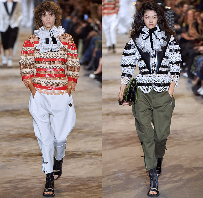 Louis Vuitton 2022 Spring Summer Womens Runway Looks Collection - Mode à Paris Fashion Week France - Mask Vampire Headwear Bedazzled Gems Crystals Sequins Studs Beads Mesh Lace Embroidery Crop Top Midriff Boxy Blazer Jacket Denim Jeans Noodle Strap Ruffles Sheer Tulle Organza Polka Dots Crinoline Skirt Victorian Quilted Puffer Coat Cape Cloak Vest Stripes Jodhpurs Equestrian Pants Cutout Puritan Collar Draped Dress Gown Culottes Open Toe Sandals Handbag Sunglasses