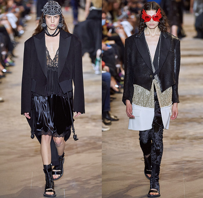 Louis Vuitton 2022 Spring Summer Womens Runway Looks Collection - Mode à Paris Fashion Week France - Mask Vampire Headwear Bedazzled Gems Crystals Sequins Studs Beads Mesh Lace Embroidery Crop Top Midriff Boxy Blazer Jacket Denim Jeans Noodle Strap Ruffles Sheer Tulle Organza Polka Dots Crinoline Skirt Victorian Quilted Puffer Coat Cape Cloak Vest Stripes Jodhpurs Equestrian Pants Cutout Puritan Collar Draped Dress Gown Culottes Open Toe Sandals Handbag Sunglasses