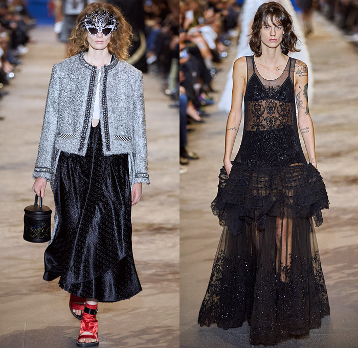 Louis Vuitton 2022 Spring Summer Womens Runway Looks Collection - Mode à Paris Fashion Week France - Mask Vampire Headwear Bedazzled Gems Crystals Sequins Studs Beads Mesh Lace Embroidery Crop Top Midriff Boxy Blazer Jacket Denim Jeans Noodle Strap Ruffles Sheer Tulle Organza Polka Dots Crinoline Skirt Victorian Quilted Puffer Coat Cape Cloak Vest Stripes Jodhpurs Equestrian Pants Cutout Puritan Collar Draped Dress Gown Culottes Open Toe Sandals Handbag Sunglasses