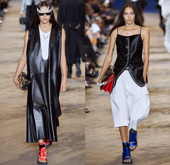 Louis Vuitton 2022 Spring Summer Womens Runway Looks Collection - Mode à Paris Fashion Week France - Mask Vampire Headwear Bedazzled Gems Crystals Sequins Studs Beads Mesh Lace Embroidery Crop Top Midriff Boxy Blazer Jacket Denim Jeans Noodle Strap Ruffles Sheer Tulle Organza Polka Dots Crinoline Skirt Victorian Quilted Puffer Coat Cape Cloak Vest Stripes Jodhpurs Equestrian Pants Cutout Puritan Collar Draped Dress Gown Culottes Open Toe Sandals Handbag Sunglasses