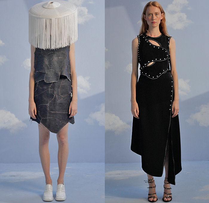 Mazarine 2022 Spring Summer Womens Mens Lookbook Presentation - Mode à Paris Fashion Week France - Pygmalion Lampshade Hat Lamp Fringes Trims Patchwork Denim Jeans Dress Velvet Metal Studs Cutout Ribbed Jacket Cropped Pants Bedazzled Sequins Opera Gloves Strapless Open Shoulders Drawings Clouds Statues Fishnet Mesh Sheer Tulle Blouse Turtleneck Knit Blazer Cargo Utility Pockets Writing Scribbles Frayed Raw Hem Loafers Strapped Heels