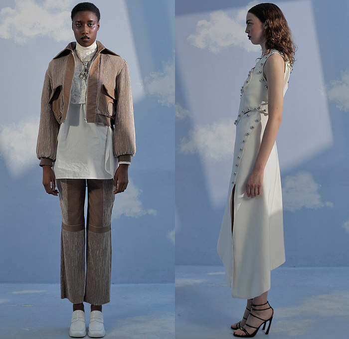 Mazarine 2022 Spring Summer Womens Mens Lookbook Presentation - Mode à Paris Fashion Week France - Pygmalion Lampshade Hat Lamp Fringes Trims Patchwork Denim Jeans Dress Velvet Metal Studs Cutout Ribbed Jacket Cropped Pants Bedazzled Sequins Opera Gloves Strapless Open Shoulders Drawings Clouds Statues Fishnet Mesh Sheer Tulle Blouse Turtleneck Knit Blazer Cargo Utility Pockets Writing Scribbles Frayed Raw Hem Loafers Strapped Heels