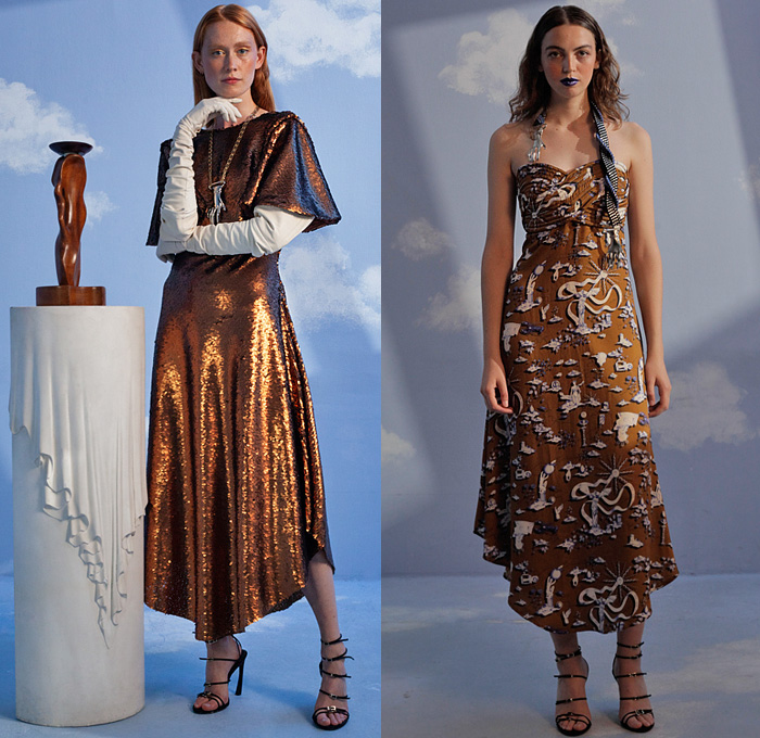 Mazarine 2022 Spring Summer Womens Mens Lookbook Presentation - Mode à Paris Fashion Week France - Pygmalion Lampshade Hat Lamp Fringes Trims Patchwork Denim Jeans Dress Velvet Metal Studs Cutout Ribbed Jacket Cropped Pants Bedazzled Sequins Opera Gloves Strapless Open Shoulders Drawings Clouds Statues Fishnet Mesh Sheer Tulle Blouse Turtleneck Knit Blazer Cargo Utility Pockets Writing Scribbles Frayed Raw Hem Loafers Strapped Heels