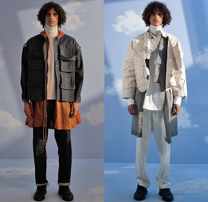 Mazarine 2022 Spring Summer Womens Mens Lookbook Presentation - Mode à Paris Fashion Week France - Pygmalion Lampshade Hat Lamp Fringes Trims Patchwork Denim Jeans Dress Velvet Metal Studs Cutout Ribbed Jacket Cropped Pants Bedazzled Sequins Opera Gloves Strapless Open Shoulders Drawings Clouds Statues Fishnet Mesh Sheer Tulle Blouse Turtleneck Knit Blazer Cargo Utility Pockets Writing Scribbles Frayed Raw Hem Loafers Strapped Heels