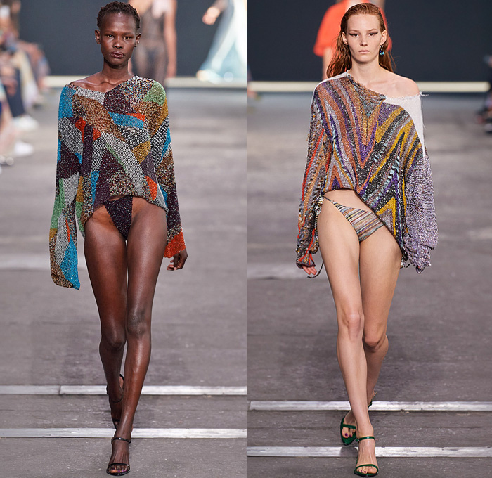 Missoni 2022 Spring Summer Womens Runway Catwalk Looks Collection - Milano Moda Donna Collezione Milan Fashion Week Italy - Swimwear Swimsuit Bikini Knit Asymmetrical Cutout Flowers Floral Zebra Bedazzled Crystals Glitter Sweater Frayed Raw Hem Patchwork Zigzag Stripes Trench Coat Mismatch Metallic Mesh Fishnet Murano Glass Beads Cross Halterneck Denim Jeans Wide Leg Suede Pants Trousers High-Low Mullet Hem Noodle Strap Blouse Strapless Mini Dress Bandeau Miniskirt Logo Gown