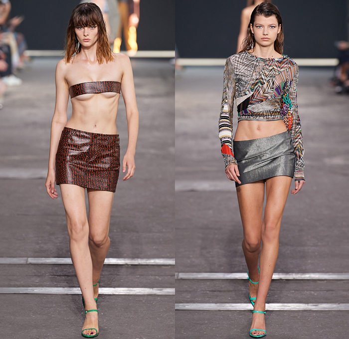 Missoni 2022 Spring Summer Womens Runway Catwalk Looks Collection - Milano Moda Donna Collezione Milan Fashion Week Italy - Swimwear Swimsuit Bikini Knit Asymmetrical Cutout Flowers Floral Zebra Bedazzled Crystals Glitter Sweater Frayed Raw Hem Patchwork Zigzag Stripes Trench Coat Mismatch Metallic Mesh Fishnet Murano Glass Beads Cross Halterneck Denim Jeans Wide Leg Suede Pants Trousers High-Low Mullet Hem Noodle Strap Blouse Strapless Mini Dress Bandeau Miniskirt Logo Gown