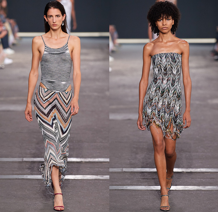 Missoni 2022 Spring Summer Womens Runway Catwalk Looks Collection - Milano Moda Donna Collezione Milan Fashion Week Italy - Swimwear Swimsuit Bikini Knit Asymmetrical Cutout Flowers Floral Zebra Bedazzled Crystals Glitter Sweater Frayed Raw Hem Patchwork Zigzag Stripes Trench Coat Mismatch Metallic Mesh Fishnet Murano Glass Beads Cross Halterneck Denim Jeans Wide Leg Suede Pants Trousers High-Low Mullet Hem Noodle Strap Blouse Strapless Mini Dress Bandeau Miniskirt Logo Gown