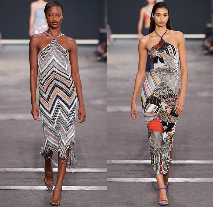 Missoni 2022 Spring Summer Womens Runway Catwalk Looks Collection - Milano Moda Donna Collezione Milan Fashion Week Italy - Swimwear Swimsuit Bikini Knit Asymmetrical Cutout Flowers Floral Zebra Bedazzled Crystals Glitter Sweater Frayed Raw Hem Patchwork Zigzag Stripes Trench Coat Mismatch Metallic Mesh Fishnet Murano Glass Beads Cross Halterneck Denim Jeans Wide Leg Suede Pants Trousers High-Low Mullet Hem Noodle Strap Blouse Strapless Mini Dress Bandeau Miniskirt Logo Gown