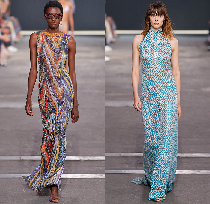 Missoni 2022 Spring Summer Womens Runway Catwalk Looks Collection - Milano Moda Donna Collezione Milan Fashion Week Italy - Swimwear Swimsuit Bikini Knit Asymmetrical Cutout Flowers Floral Zebra Bedazzled Crystals Glitter Sweater Frayed Raw Hem Patchwork Zigzag Stripes Trench Coat Mismatch Metallic Mesh Fishnet Murano Glass Beads Cross Halterneck Denim Jeans Wide Leg Suede Pants Trousers High-Low Mullet Hem Noodle Strap Blouse Strapless Mini Dress Bandeau Miniskirt Logo Gown