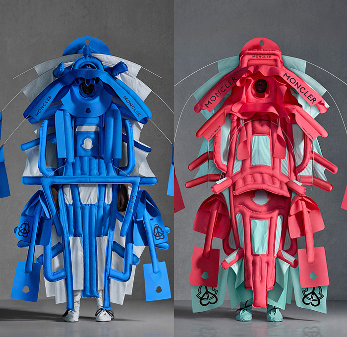 Moncler 5 Craig Green 2022 Spring Summer Mens Lookbook Collection - Forms of Nature Sculpture Life Raft Inflatable Quilted Puffer Exoskeleton Seafaring Marine Maritime Sail Flags Wires Outerwear Parka Coat Anorak Jacket Two-Tone Logo Flaps Panels Camping Tent Straps Cords Geometric Reverse Funnel Cap Sleeve Sou'Wester Hat