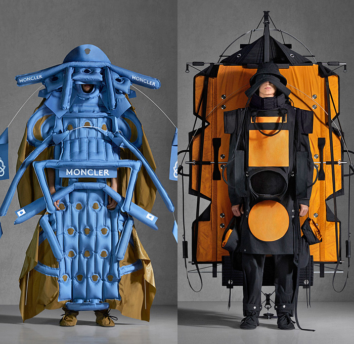 Moncler 5 Craig Green 2022 Spring Summer Mens Lookbook Collection - Forms of Nature Sculpture Life Raft Inflatable Quilted Puffer Exoskeleton Seafaring Marine Maritime Sail Flags Wires Outerwear Parka Coat Anorak Jacket Two-Tone Logo Flaps Panels Camping Tent Straps Cords Geometric Reverse Funnel Cap Sleeve Sou'Wester Hat