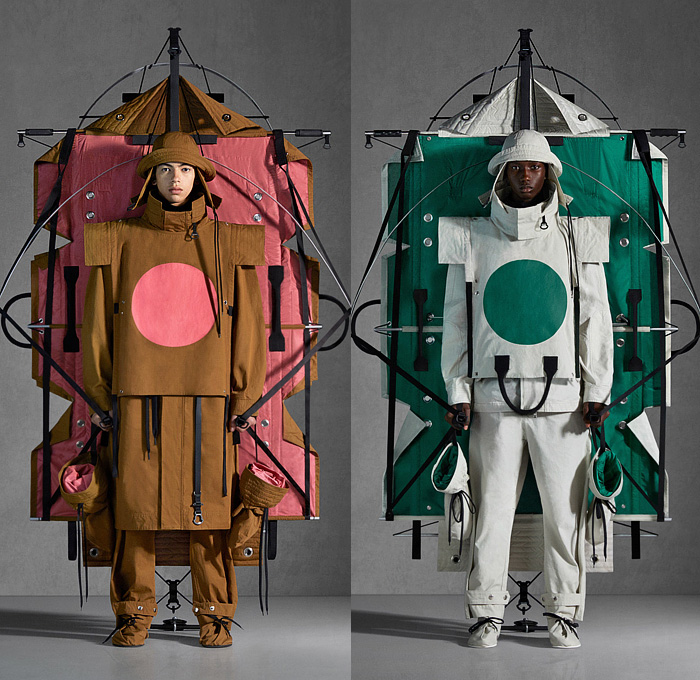 Moncler 5 Craig Green 2022 Spring Summer Mens Lookbook Collection - Forms of Nature Sculpture Life Raft Inflatable Quilted Puffer Exoskeleton Seafaring Marine Maritime Sail Flags Wires Outerwear Parka Coat Anorak Jacket Two-Tone Logo Flaps Panels Camping Tent Straps Cords Geometric Reverse Funnel Cap Sleeve Sou'Wester Hat